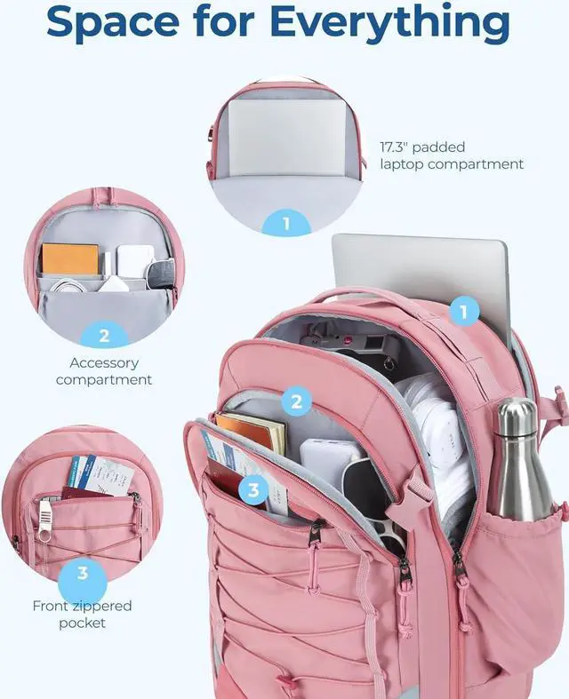 Alt view image 2 of 6 - BAGSMART Carry On Backpack, 17.3 Inch Large Travel backpack Carry On Flight Approved, Personal Item Backpack Travel Bag With Shoe Bag, 27L Water Resistant Casual Daypack, Pink