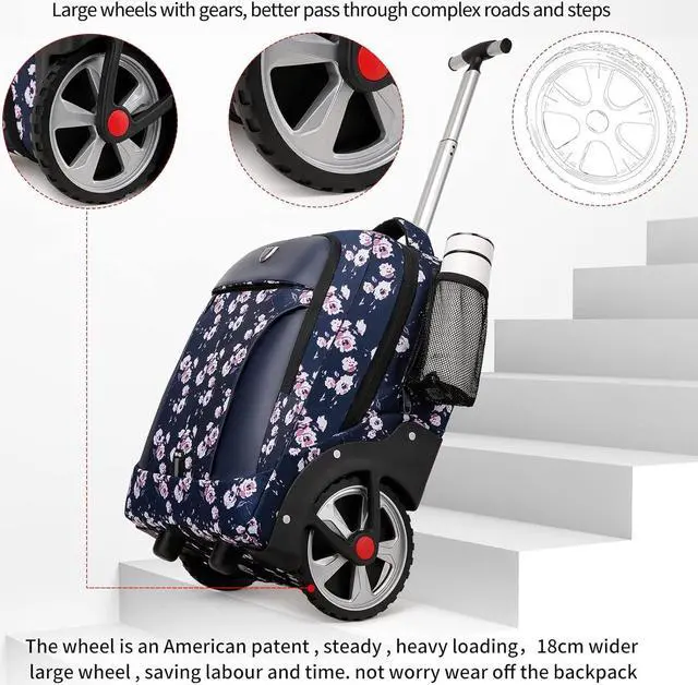 Alt view image 2 of 6 - YH&GS Rolling Backpack Floral, Waterproof with Wheels for Business, College Student and Travel Commuter, Carry on Laptop Compartment, Fit 17 Inch Laptop, Wheeled Adults, 20inch