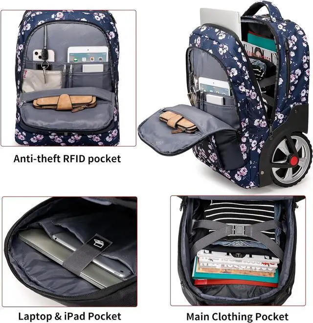 Alt view image 4 of 6 - YH&GS Rolling Backpack Floral, Waterproof with Wheels for Business, College Student and Travel Commuter, Carry on Laptop Compartment, Fit 17 Inch Laptop, Wheeled Adults, 20inch