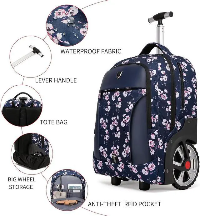 Alt view image 5 of 6 - YH&GS Rolling Backpack Floral, Waterproof with Wheels for Business, College Student and Travel Commuter, Carry on Laptop Compartment, Fit 17 Inch Laptop, Wheeled Adults, 20inch