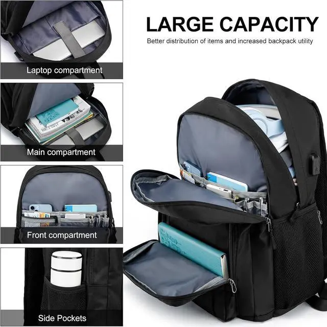 Alt view image 3 of 7 - Backpack for Men Women, School Backpacks for Teen Boys Girls, Lightweight Laptop Backpack for Travel with USB Charger, Water Resistant Black Backpack