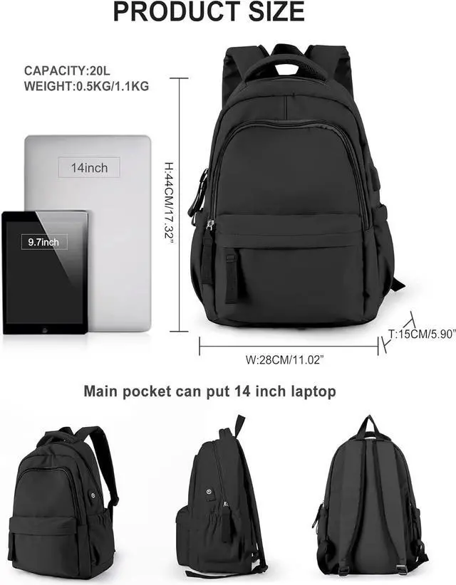 Alt view image 2 of 6 - winspansy Small Backpack For School Girls Boys Aesthetic Lightweight Travel Daypack Simple Cute Backpack For Women Men College High School Bookbag Fit 14 Inch Laptop With USB charging port,Black