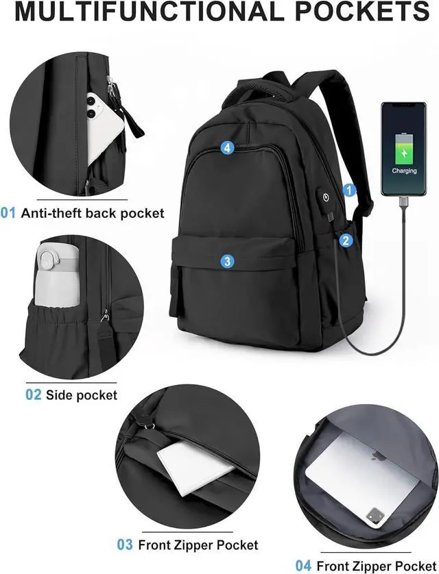 Alt view image 3 of 6 - winspansy Small Backpack For School Girls Boys Aesthetic Lightweight Travel Daypack Simple Cute Backpack For Women Men College High School Bookbag Fit 14 Inch Laptop With USB charging port,Black