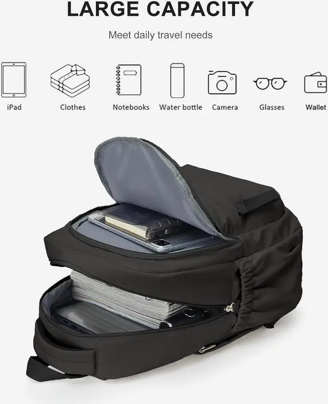 Alt view image 5 of 6 - winspansy Small Backpack For School Girls Boys Aesthetic Lightweight Travel Daypack Simple Cute Backpack For Women Men College High School Bookbag Fit 14 Inch Laptop With USB charging port,Black