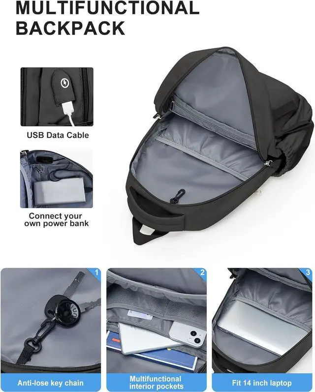 Alt view image 4 of 6 - winspansy Small Backpack For School Girls Boys Aesthetic Lightweight Travel Daypack Simple Cute Backpack For Women Men College High School Bookbag Fit 14 Inch Laptop With USB charging port,Black