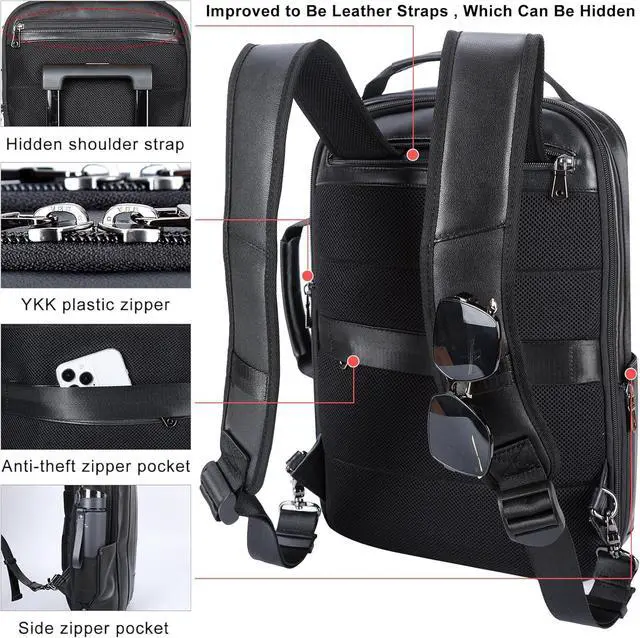 Alt view image 3 of 7 - Masa Kawa Slim Leather 15.6" Laptop Backpack for Men Convertible Briefcase Backpacks Expandable Black Business Work Bag Slim Travel Daypack