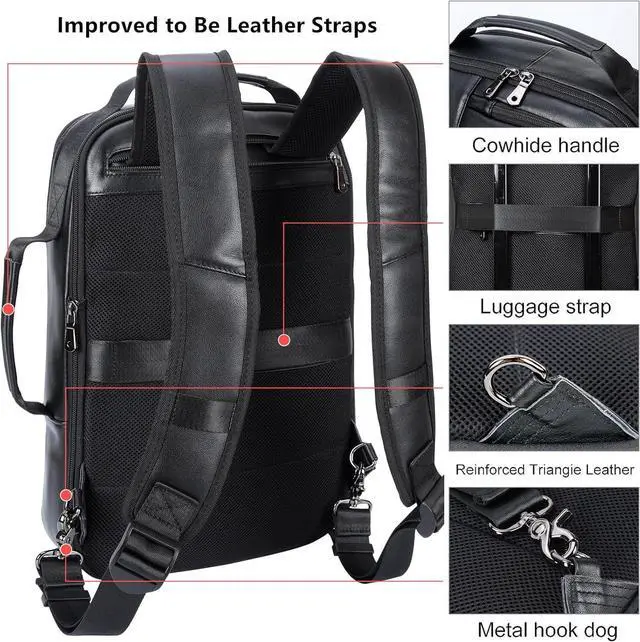 Alt view image 4 of 7 - Masa Kawa Slim Leather 15.6" Laptop Backpack for Men Convertible Briefcase Backpacks Expandable Black Business Work Bag Slim Travel Daypack