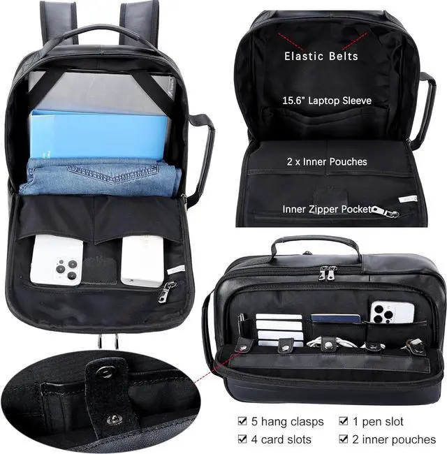 Alt view image 5 of 7 - Masa Kawa Slim Leather 15.6" Laptop Backpack for Men Convertible Briefcase Backpacks Expandable Black Business Work Bag Slim Travel Daypack