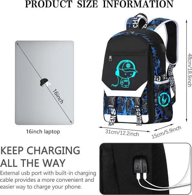 Alt view image 2 of 7 - Backpack for Boys Backpack.Laptop with USB Charging Port,for School with Anti-Theft Lock Schoolbag,Teens Cool for Boys Includes Pencil Bag,luminous Backpack blue