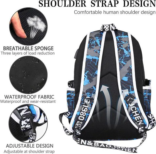 Alt view image 4 of 7 - Backpack for Boys Backpack.Laptop with USB Charging Port,for School with Anti-Theft Lock Schoolbag,Teens Cool for Boys Includes Pencil Bag,luminous Backpack blue