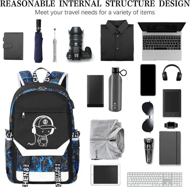 Alt view image 5 of 7 - Backpack for Boys Backpack.Laptop with USB Charging Port,for School with Anti-Theft Lock Schoolbag,Teens Cool for Boys Includes Pencil Bag,luminous Backpack blue