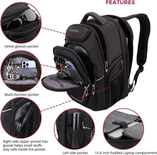 Alt view image 4 of 7 - Swissdigital Design TSA Laptop Backpack Men's USB Charging Port Large Capacity Business Travel Backpack Black| With Apple Find My Network (TERABYTE J16BTFB-41) One Nation One World