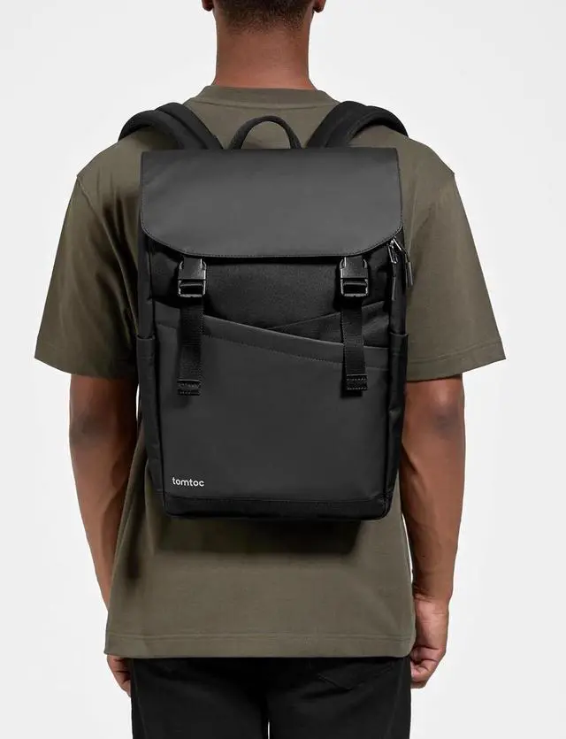Alt view image 2 of 7 - tomtoc Flap Laptop Backpack, Lightweight, Water-Resistant College Travel Casual Daypack, Slim Durable Work-pack Rucksack for 13-16 Inch MacBook Laptop, Large Capacity, 18L, Black