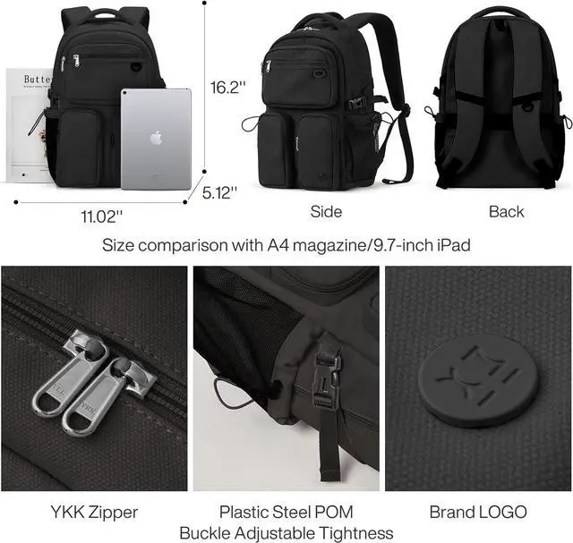 Alt view image 3 of 6 - mixi Travel Laptop Backpack, Lightweight Durable School Bookbag Men Woman 15.6" Computer Bag, Water Resistant Outdoor Hiking Backpacks With Multifunction Pockets, 17 Inch, Black