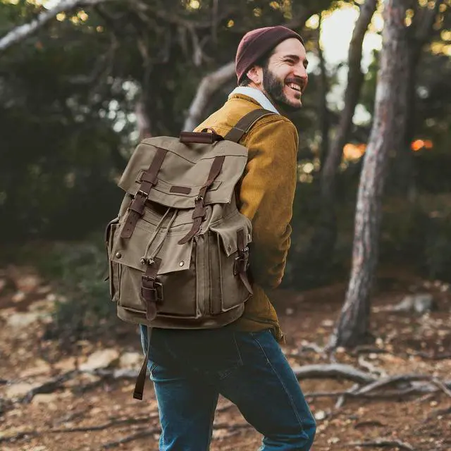 Alt view image 2 of 7 - Kattee Mens Leather Canvas Backpack Large School Bag Travel Rucksack Army Green