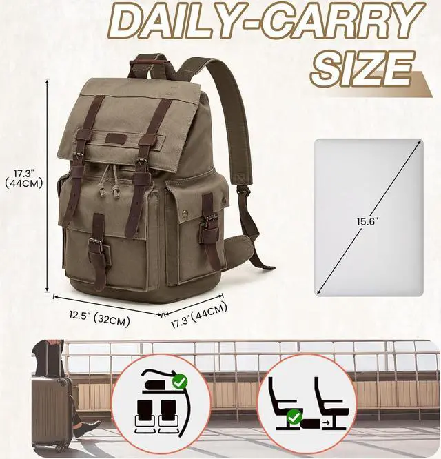 Alt view image 3 of 7 - Kattee Mens Leather Canvas Backpack Large School Bag Travel Rucksack Army Green
