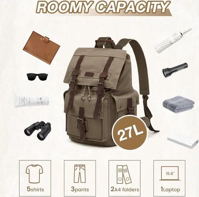 Alt view image 4 of 7 - Kattee Mens Leather Canvas Backpack Large School Bag Travel Rucksack Army Green