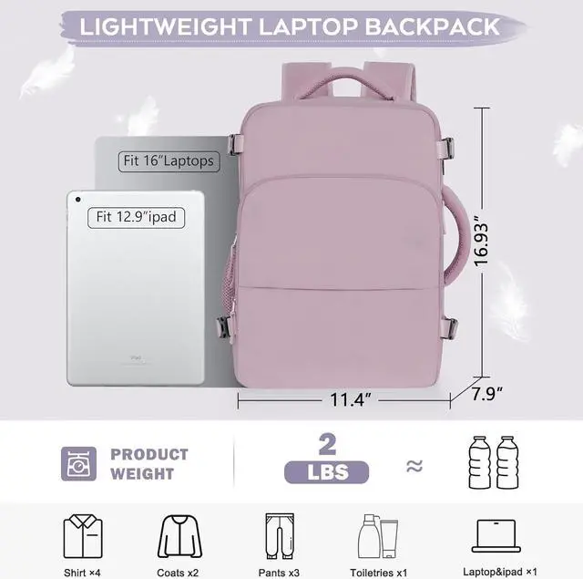 Alt view image 4 of 7 - Travel Backpack, Carry On Backpack, Personal Item Bag for Airlines, Lightweight Casual Work College Gym Hiking Daypack Weekender bag, Laptop Backpack, Light Purple