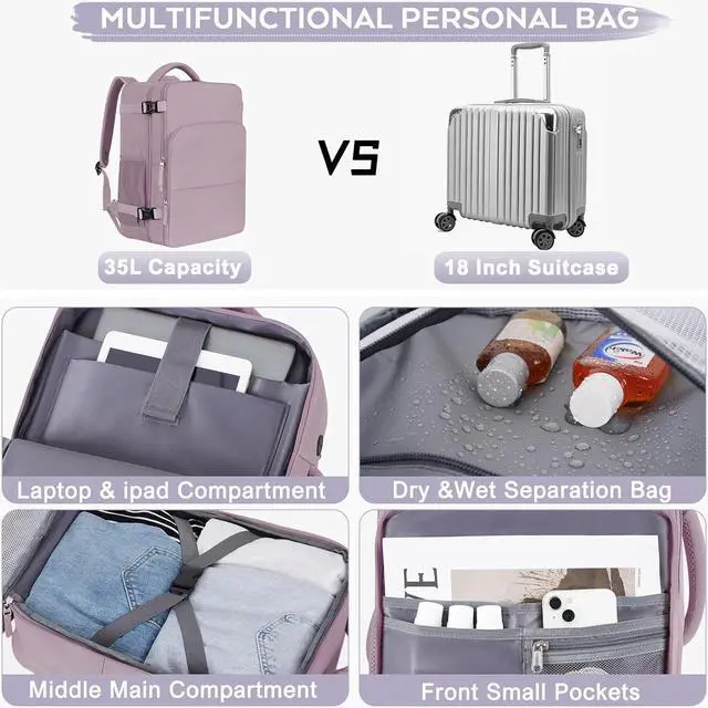 Alt view image 5 of 7 - Travel Backpack, Carry On Backpack, Personal Item Bag for Airlines, Lightweight Casual Work College Gym Hiking Daypack Weekender bag, Laptop Backpack, Light Purple