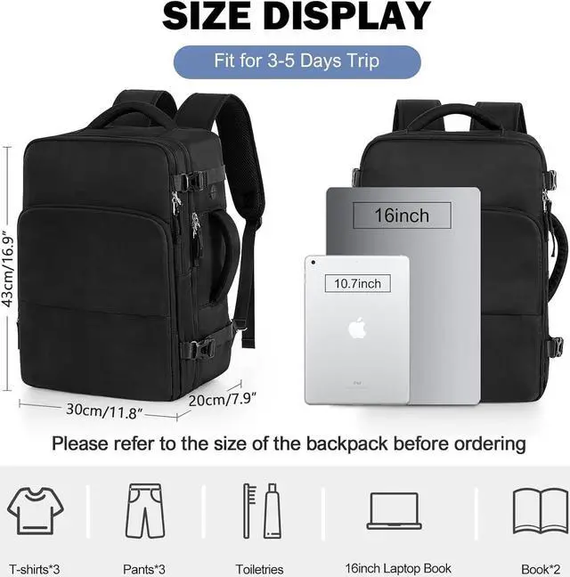 Alt view image 4 of 7 - Men Women Unisex Black Rectangular Modern Sports Travel Backpack Daypack 15.6 Inch Laptop Backpack Carry On Airplane Weekender Bag 35L 5 Compartments Water Resistant Polyester Solid Black