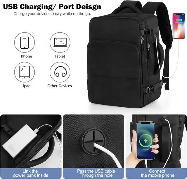Alt view image 5 of 7 - Men Women Unisex Black Rectangular Modern Sports Travel Backpack Daypack 15.6 Inch Laptop Backpack Carry On Airplane Weekender Bag 35L 5 Compartments Water Resistant Polyester Solid Black