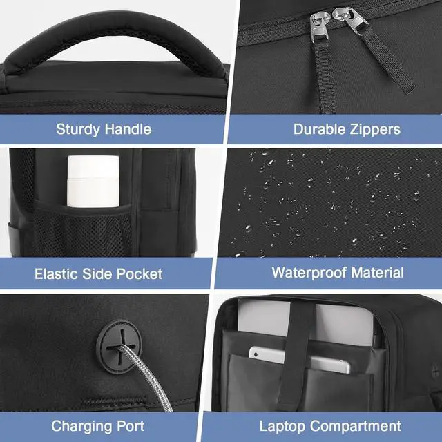 Alt view image 6 of 7 - Men Women Unisex Black Rectangular Modern Sports Travel Backpack Daypack 15.6 Inch Laptop Backpack Carry On Airplane Weekender Bag 35L 5 Compartments Water Resistant Polyester Solid Black