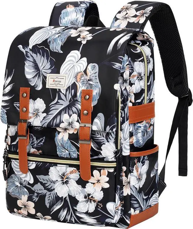 Main image of Ronyes Vintage Backpack for Women Men, Laptop Backpack 15.6 inch Bookbag Casual Daypack for College Work, Black with Flower Pattern