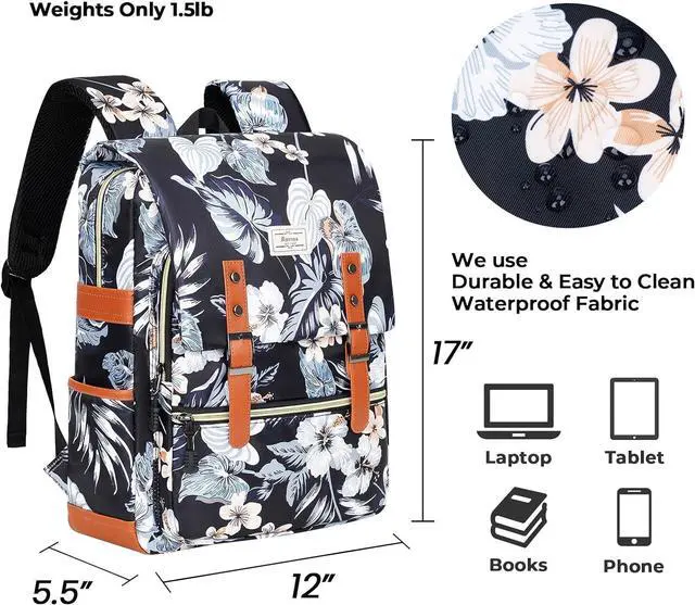 Alt view image 3 of 7 - Ronyes Vintage Backpack for Women Men, Laptop Backpack 15.6 inch Bookbag Casual Daypack for College Work, Black with Flower Pattern