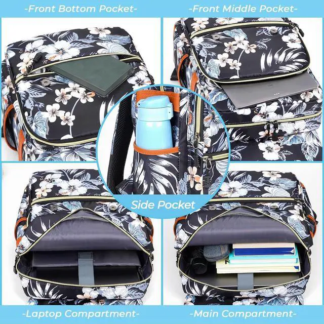 Alt view image 6 of 7 - Ronyes Vintage Backpack for Women Men, Laptop Backpack 15.6 inch Bookbag Casual Daypack for College Work, Black with Flower Pattern