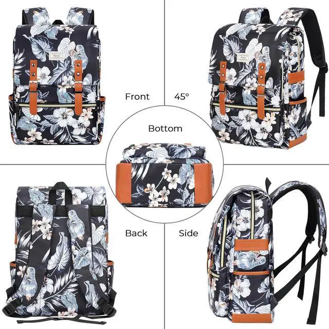 Alt view image 7 of 7 - Ronyes Vintage Backpack for Women Men, Laptop Backpack 15.6 inch Bookbag Casual Daypack for College Work, Black with Flower Pattern