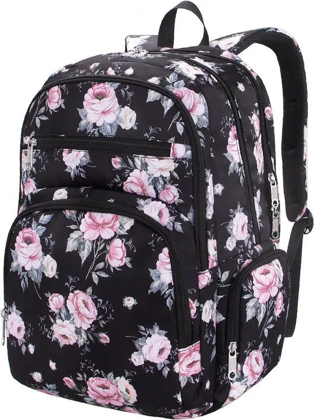 Alt view image 2 of 7 - Floral Backpack for Women Extra Large 17 inch Womens Laptop Bag Teacher Nurse Work Commuter Bag with Rose Print College Campus Essentials Water Resistant Casual Daypack Back Pack Mochilas De Mujer