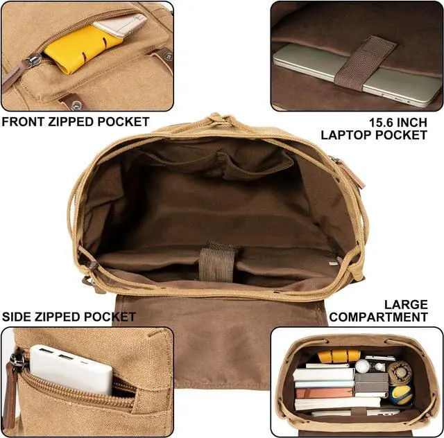 Alt view image 2 of 6 - Canvas Laptop Backpack, Vintage Daypack for Men Women, Travel Rucksack Knapsack Work College Computer Bag Bookbag Fits 15.6 Inch Laptop, Brown