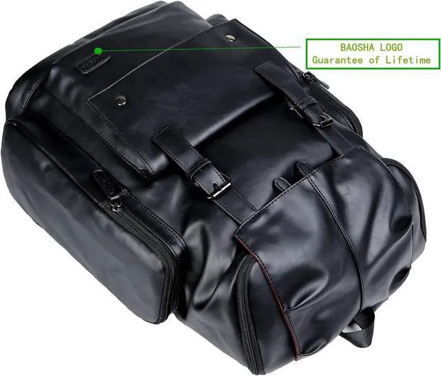Alt view image 3 of 7 - Baosha BP-16 PU Leather Casual Backpack 15.6inch Laptop Backpack Travel Backpack Hiking Comping Backpack Daypack Black