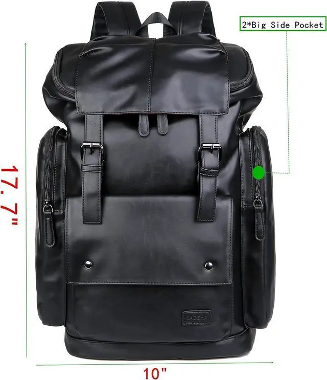Alt view image 4 of 7 - Baosha BP-16 PU Leather Casual Backpack 15.6inch Laptop Backpack Travel Backpack Hiking Comping Backpack Daypack Black