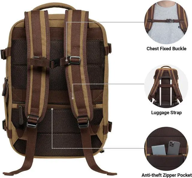 Alt view image 5 of 7 - KAUKKO Canvas Travel Backpack, Personal Item Airline Approved, Carry On Backpack with Multi-Pockets and Shoe Pouch, fit 15.6 inch Laptop, 40L Weekender Bag, 11-KHAKI