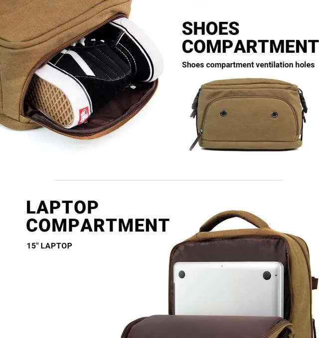 Alt view image 6 of 7 - KAUKKO Canvas Travel Backpack, Personal Item Airline Approved, Carry On Backpack with Multi-Pockets and Shoe Pouch, fit 15.6 inch Laptop, 40L Weekender Bag, 11-KHAKI