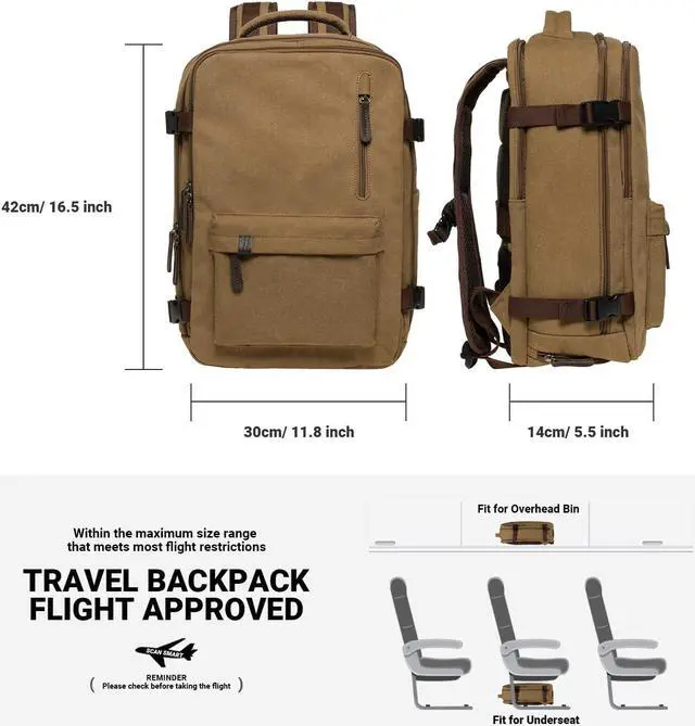 Alt view image 2 of 7 - KAUKKO Canvas Travel Backpack, Personal Item Airline Approved, Carry On Backpack with Multi-Pockets and Shoe Pouch, fit 15.6 inch Laptop, 40L Weekender Bag, 11-KHAKI