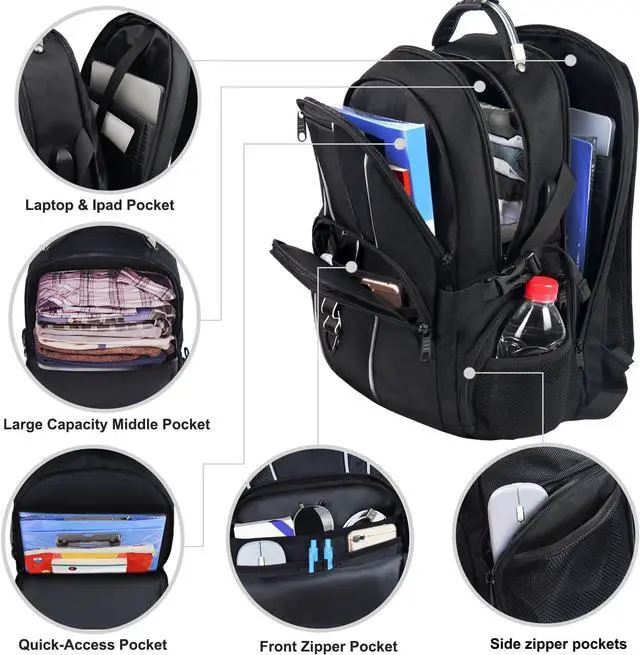 Alt view image 2 of 7 - Naukay Large Travel Backpack for Men Women, 17.3 inch Laptop Backpack with USB Charging Port, Water Resistant Anti Theft Big Computer Backpack Fits 15.6 17 Inch Laptop, TSA Friendly Daypack, Black