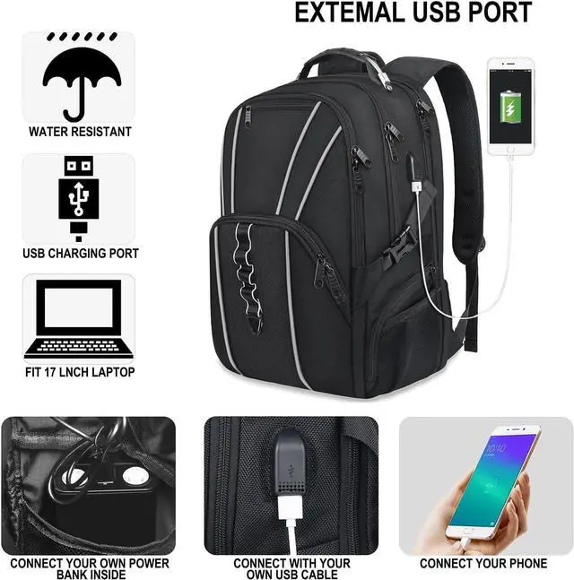 Alt view image 3 of 7 - Naukay Large Travel Backpack for Men Women, 17.3 inch Laptop Backpack with USB Charging Port, Water Resistant Anti Theft Big Computer Backpack Fits 15.6 17 Inch Laptop, TSA Friendly Daypack, Black