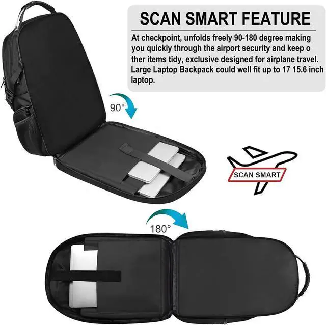 Alt view image 5 of 7 - Naukay Large Travel Backpack for Men Women, 17.3 inch Laptop Backpack with USB Charging Port, Water Resistant Anti Theft Big Computer Backpack Fits 15.6 17 Inch Laptop, TSA Friendly Daypack, Black