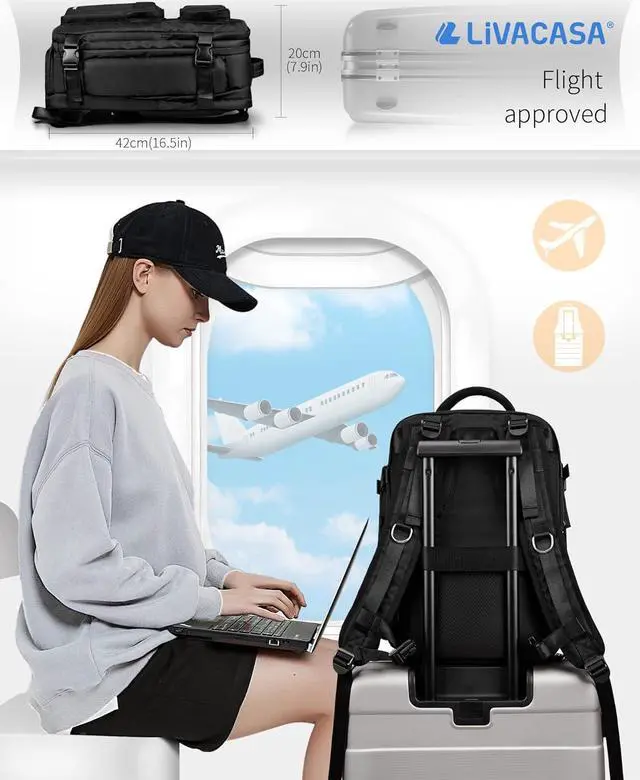 Alt view image 4 of 6 - LIVACASA Waterproof Travel Backpack for Women, 40L Airline Approved Carry on Laptop Backpack with Compartment and USB Port