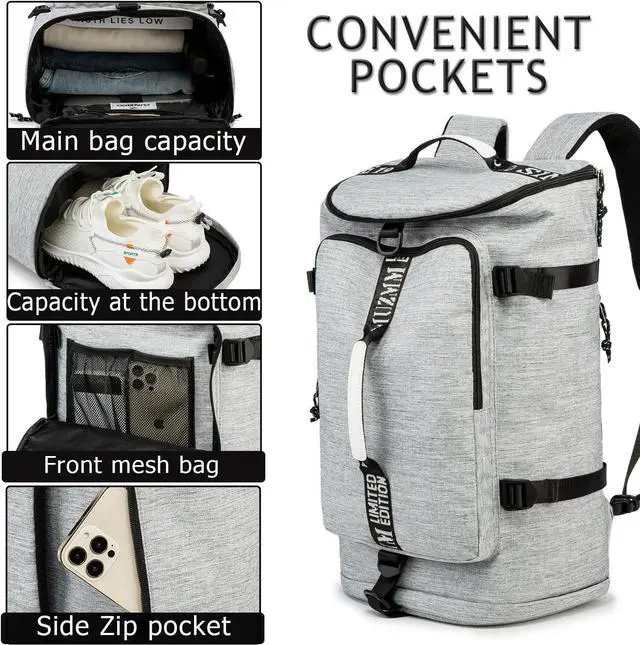 Alt view image 4 of 6 - Gym Duffle Bag Waterproof black Laptop Backpack Suitable for Hiking, Fishing, Travel 40L Large Capacity Trendy Cool Lightweight Backpack for Men and Women