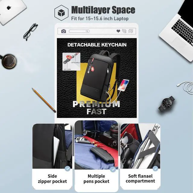 Alt view image 3 of 7 - BOPai Slim Laptop Thin Business Backpack with Bottle Holder USB Charging Professional for Men Notebook Work Office Anti Theft Smart Computer 15-15.6 inch Back pack Light Black