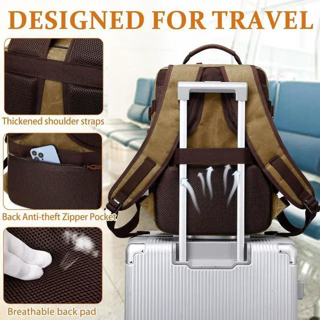 Alt view image 5 of 6 - Travel Backpack for Men Carry On Backpack Flight Approved Personal Item Backpack, 17 inch Laptop Backpack Casual Daypack Weekender Business Hiking Backpack, Brown