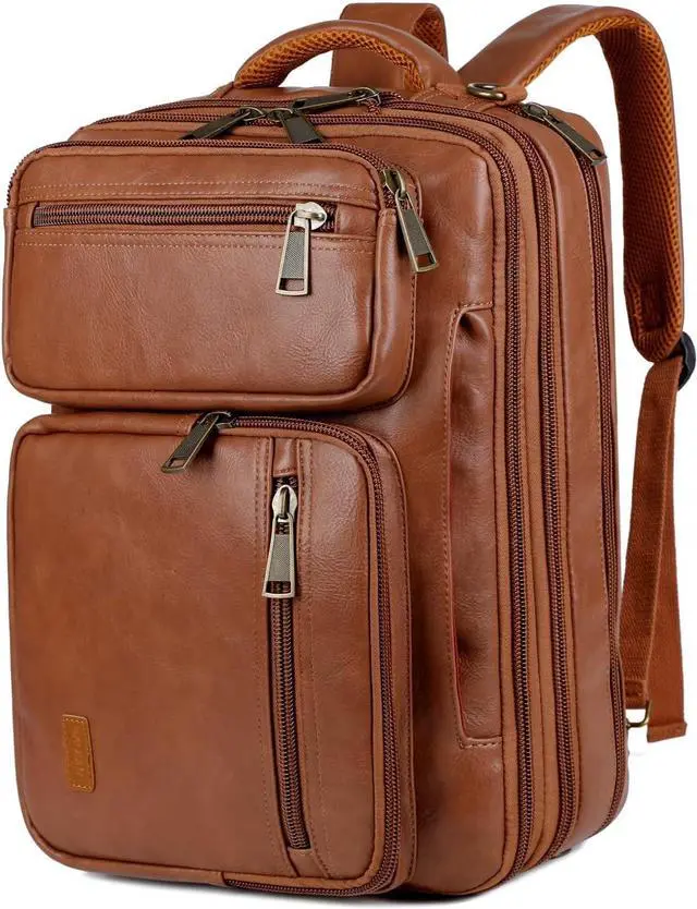 Main image of Vegan Leather Laptop Backpack Briefcase Hybrid 15.6 Inch Laptop Travel Backpack Hiking College Backpack for Men BC-04 (Brown)