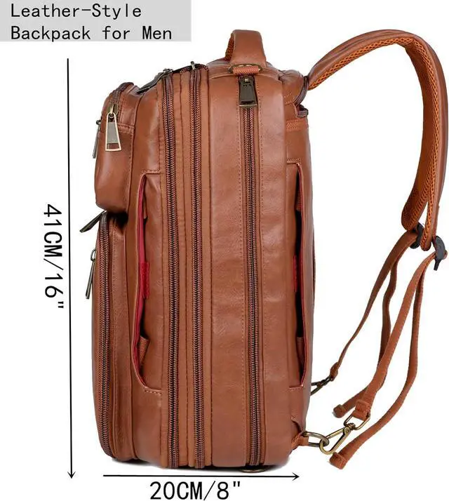 Alt view image 7 of 7 - Vegan Leather Laptop Backpack Briefcase Hybrid 15.6 Inch Laptop Travel Backpack Hiking College Backpack for Men BC-04 (Brown)