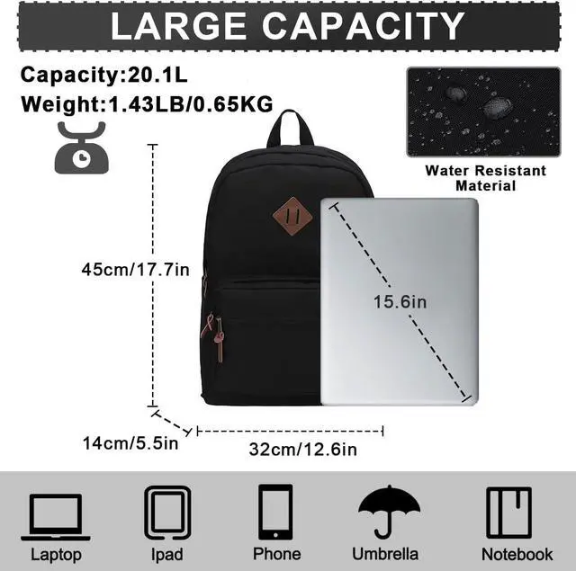 Alt view image 2 of 7 - RAVUO School Backpack for Men Women, Water Resistant 15.6 inch Laptop Back Packs Bookbags College Daypack Black Bag with Side Pockets
