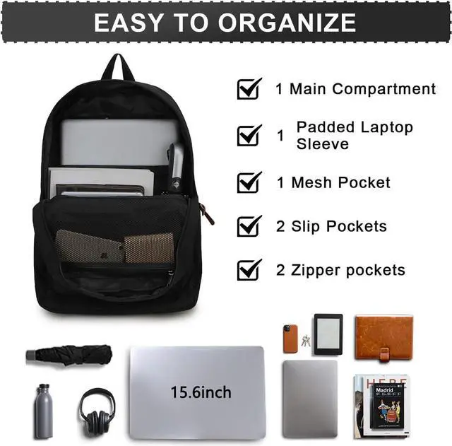 Alt view image 5 of 7 - RAVUO School Backpack for Men Women, Water Resistant 15.6 inch Laptop Back Packs Bookbags College Daypack Black Bag with Side Pockets