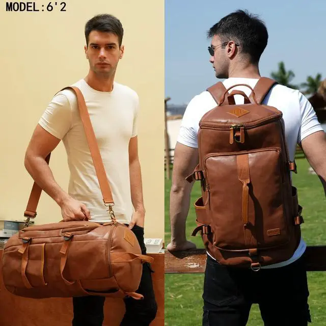 Alt view image 3 of 7 - Baosha Stylish Vegan Leather Men Weekender Travel Duffel Tote Bag Backpack Travel Hiking Rucksack Overnight Bag 3-Ways Convertible HB-26 (Brown)