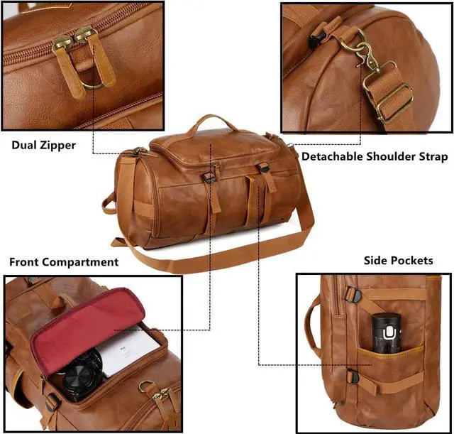 Alt view image 5 of 7 - Baosha Stylish Vegan Leather Men Weekender Travel Duffel Tote Bag Backpack Travel Hiking Rucksack Overnight Bag 3-Ways Convertible HB-26 (Brown)